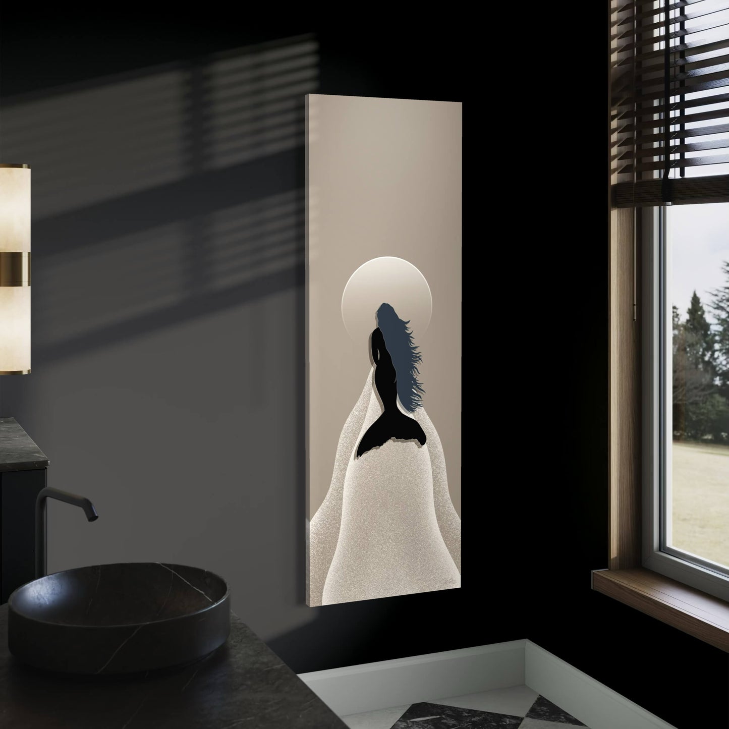 Bathroom interior with a vertical abstract art piece on the wall.