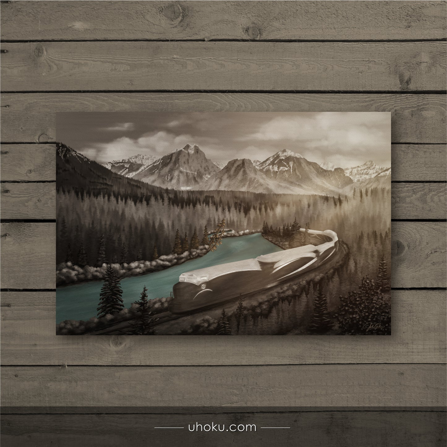 Scenic painting of a mountain lake with a wooden frame, displayed on a wooden wall.
