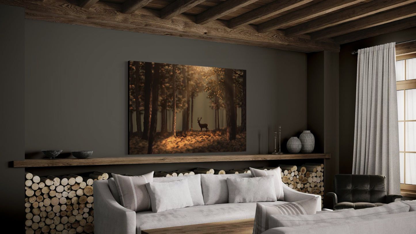 Living room with a large forest painting on the wall, wooden ceiling, and gray walls.