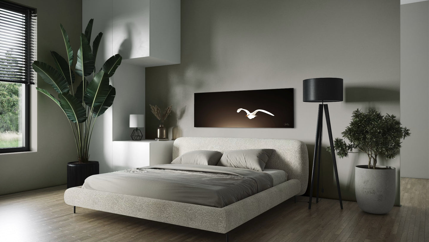 Modern bedroom with a bed, plants, and hand drawn white bird flying wall art in a minimalistic setting.
